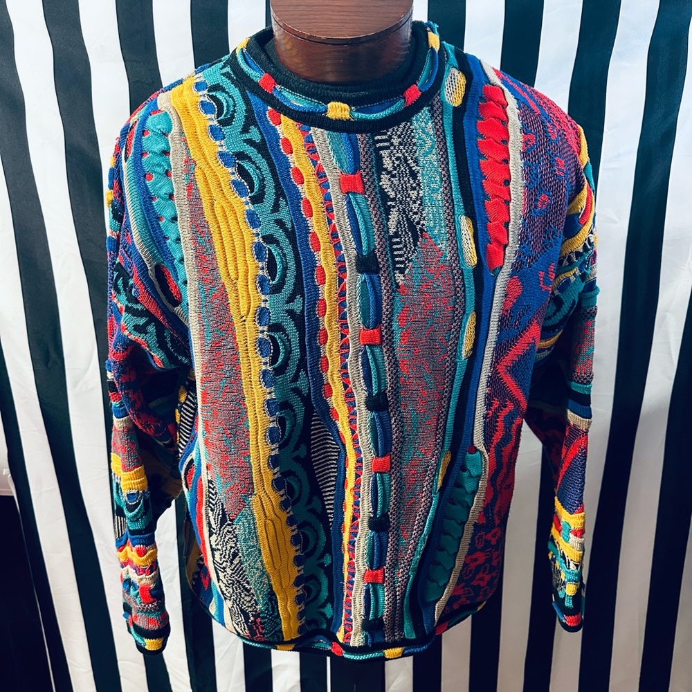 Tundra Canada Vintage Coogi Style Rainbow Cable Knit Mercerized Cotton Sweater